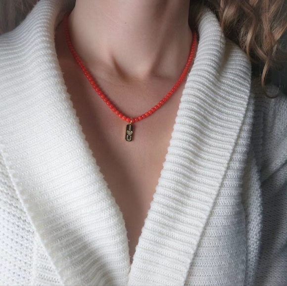 4 mm Red Coral Gold plated charm necklace - Picture 3 of 3